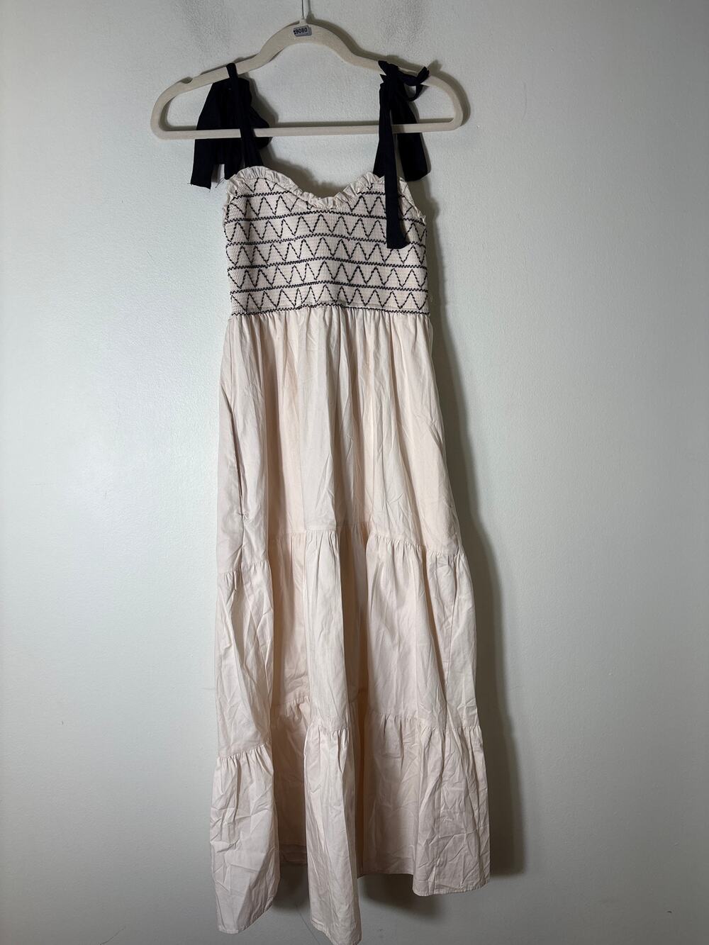 Trixxie Off White Black Cotton Summer Smocked Maxi Dress Sz S